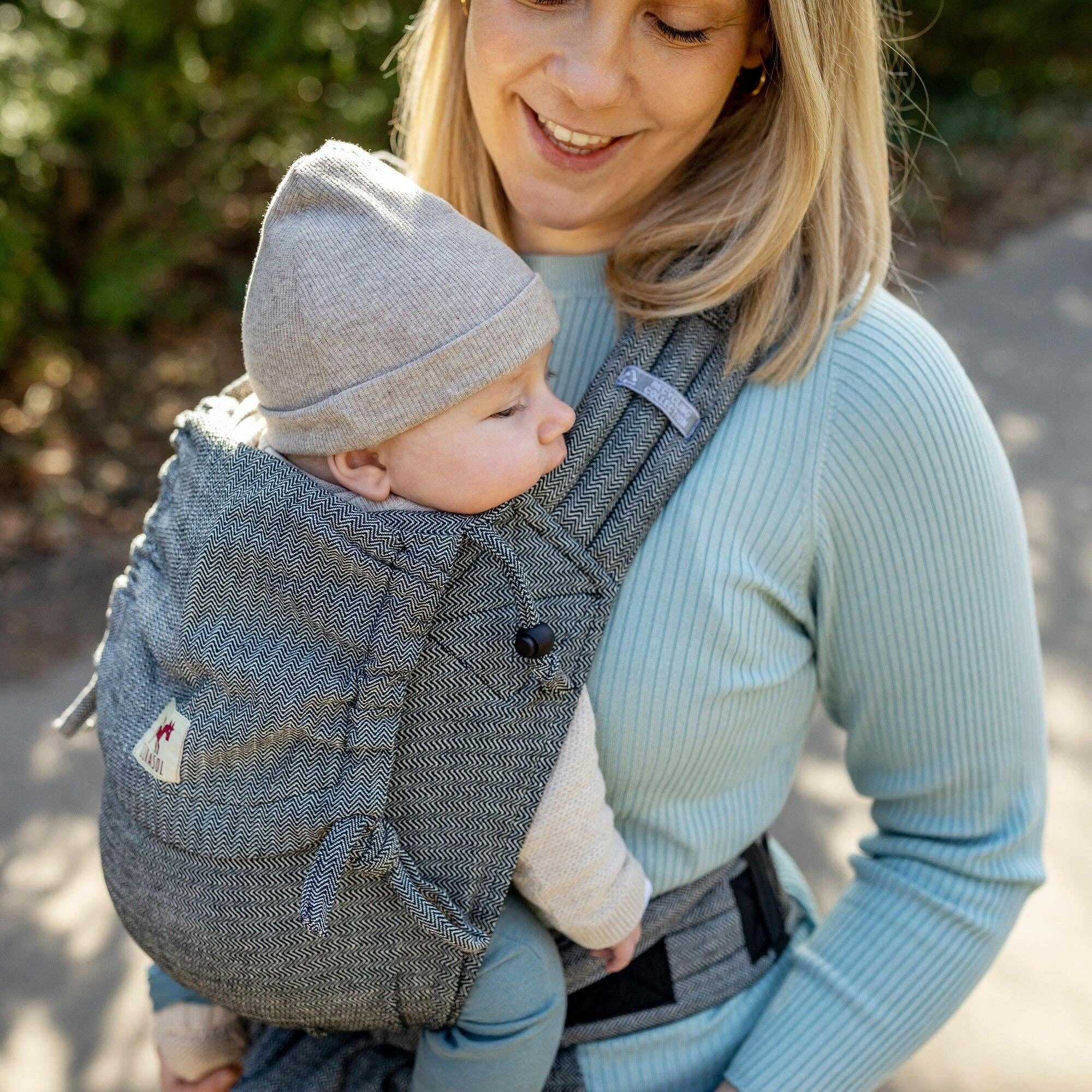 Babytrage MySol Tweed - recycled cotton, nachhaltig: Mit Schnallenhüftgurt - siebenKÄSEhoch